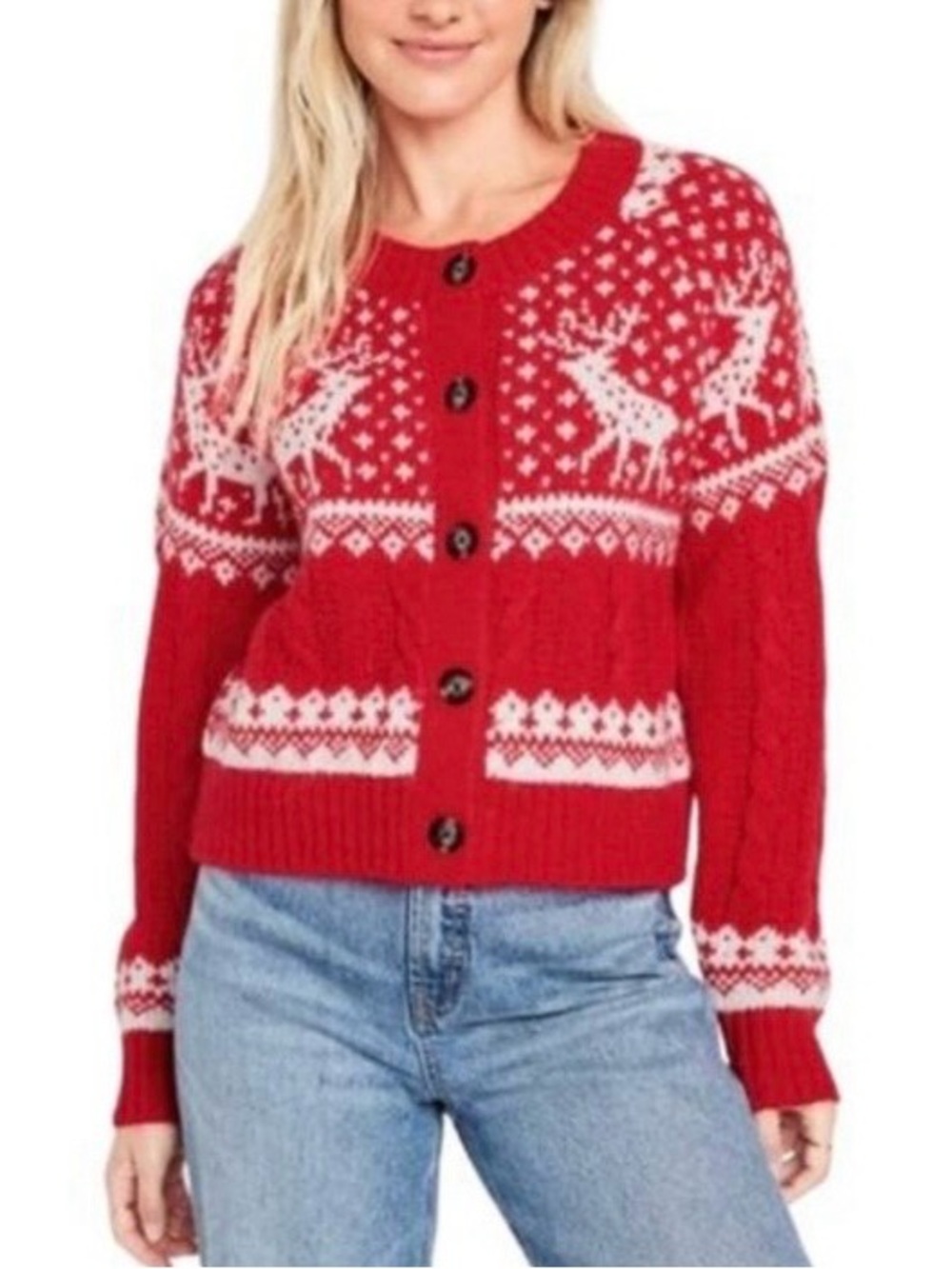 Cable knit Reindeer Cardigan Sweater Size M Nordic fall winter